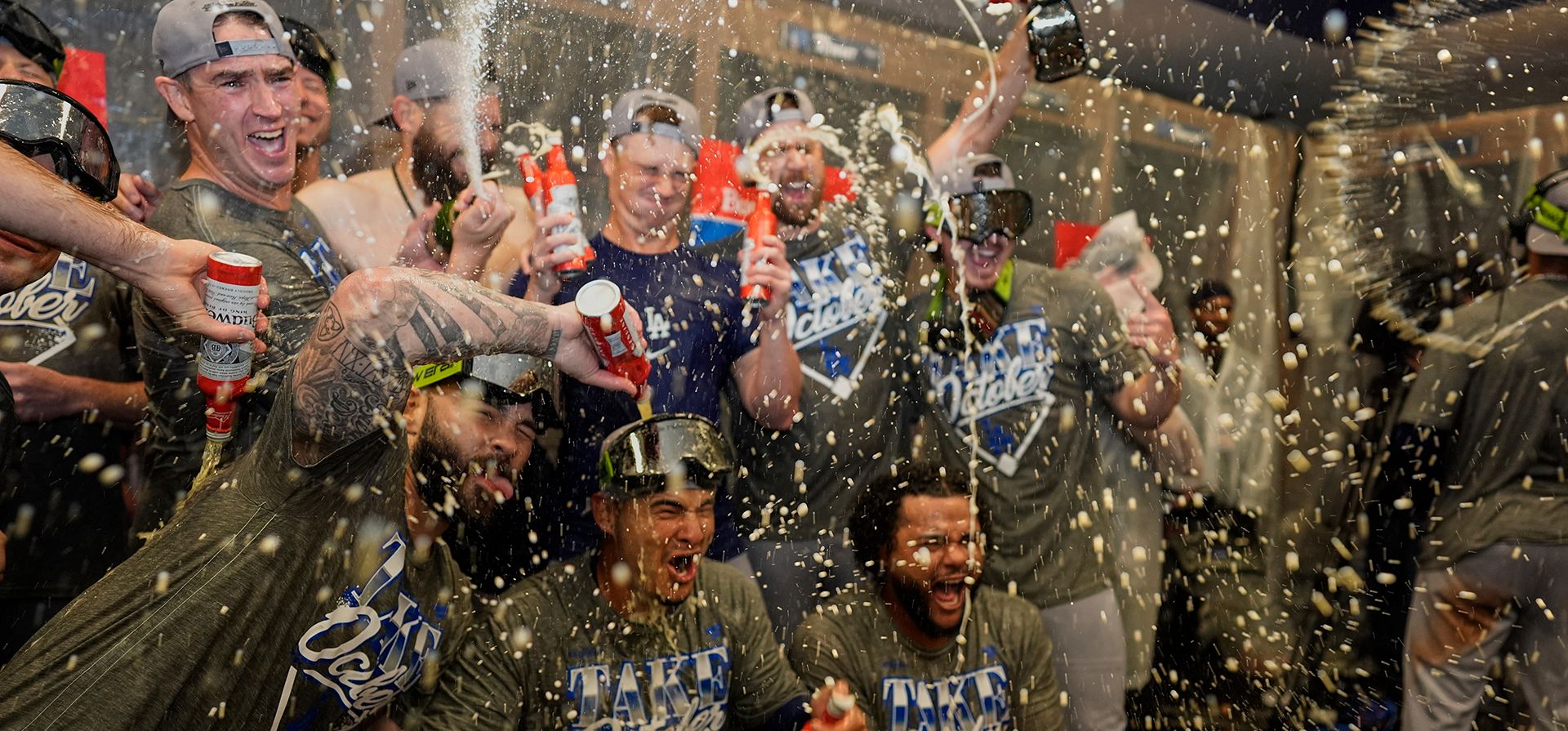 Los Angeles Dodgers players celebrate winning Game 4 of baseball's National League Division Series against the Atlanta Braves, Wednesday, Oct. 7, 2026, in Atlanta. (AP Photo/Mike Stewart) Los Angeles Dodgers players celebrate winning Game 4 of baseball's National League Division Series against the Atlanta Braves, Wednesday, Oct. 7, 2026, in Atlanta. (AP Photo/Mike Stewart)