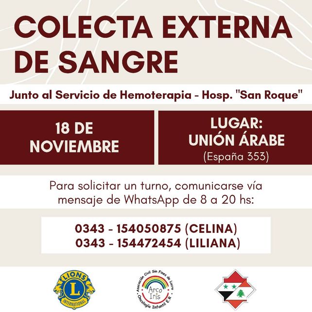 Este miércoles habrá colecta externa de sangre en la Unión Árabe
