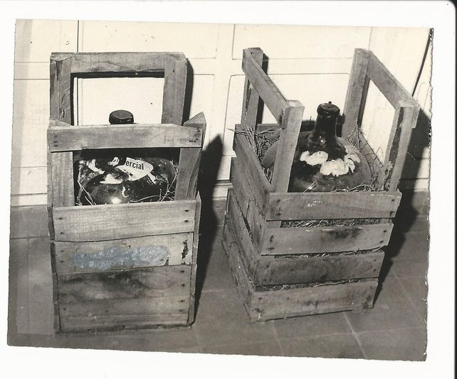 Los bidones de vidrio que contenían el ácido sulfúrico, secuestrados del departamento que ocupaba Masciaro, condenado por matar y diluir en esa sustancia al empresario