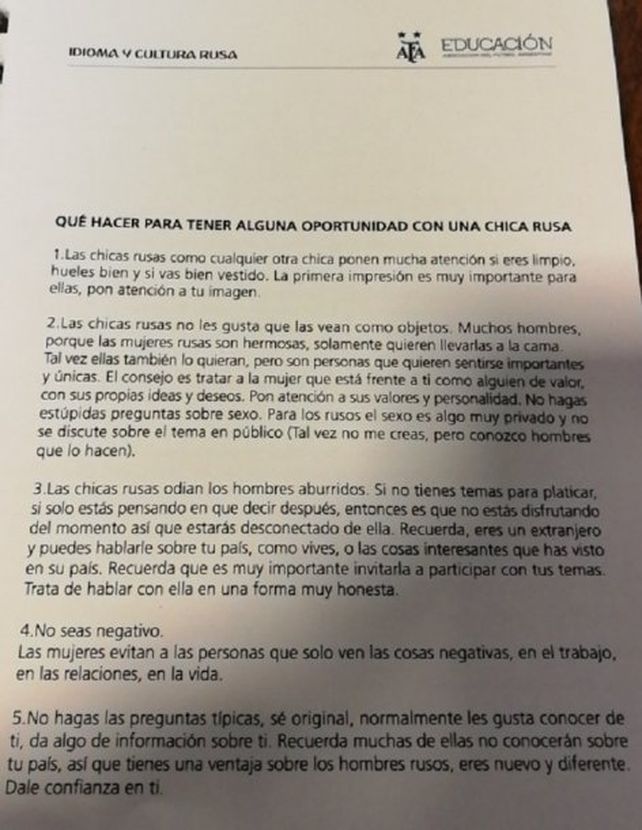Vergonzoso: la AFA brinda consejos para conquistar mujeres en el Mundial de Rusia