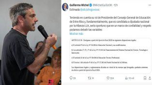 El candidato a diputado nacional de Fuerza Entre Ríos, Guillermo Michel, convocó a debatir a la titular del CGE, Alicia Fregonese