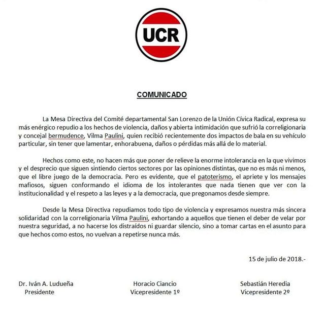 La UCR repudió el ataque a balazos al auto de una concejala