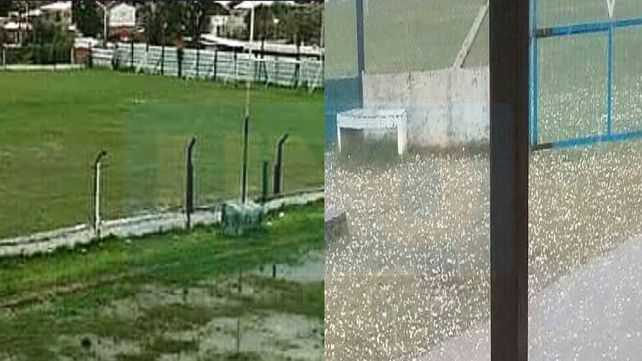 La cancha de Peñarol inundada tras las lluvias que azotan la ciudad y el campo de juego de Sportivo Urquiza