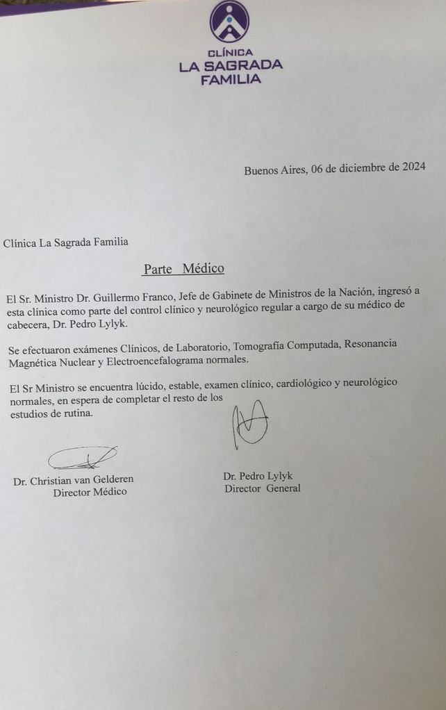 La clínica despejó dudas sobre el cuadro del funcionario después del mediodía.