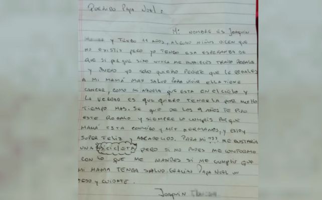 La carta que envió Joaquín a Papa Noel resultó muy conmovedora.