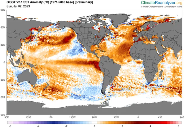 La anomalía de temperatura del agua en grados centígrados medida el pasado 2 de julio. 