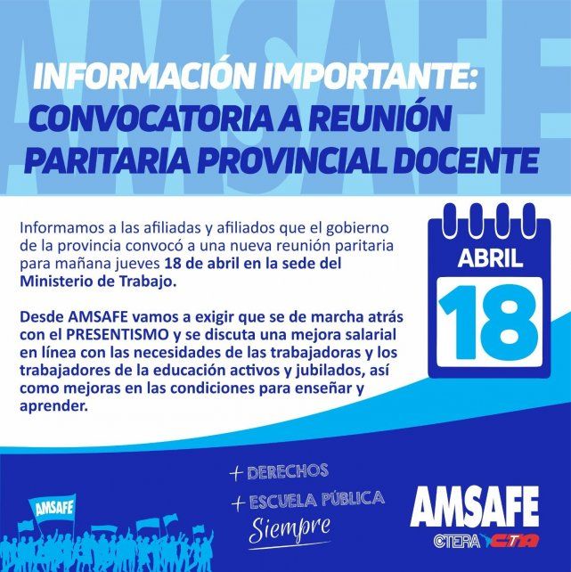 Paritaria docente: la provincia recibe este jueves a los gremios y Amsafé adelantó que exigirá marcha atrás con el presentismo Paritaria docente: la provincia recibe este jueves a los gremios y Amsafé adelantó que exigirá marcha atrás con el presentismo