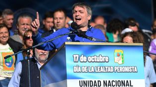 El presidente del PJ bonaerense y diputado nacional Máximo Kirchner cerró este lunes el acto por el Día de la Lealtad en Plaza de Mayo