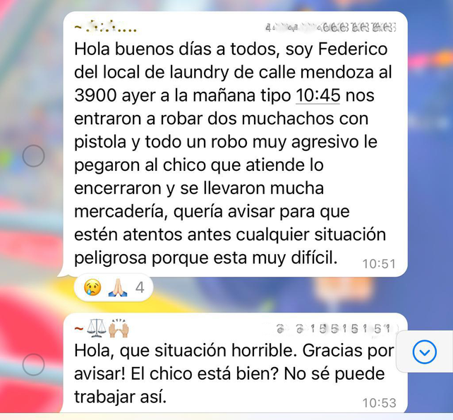 El mensaje donde se relata el violento robo de Mendoza al 3900, y que pone en alerta al resto de los comerciantes.
