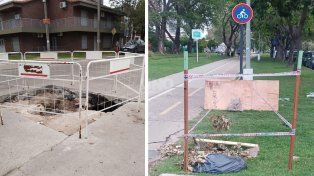 El socavón frente a la vecinal, en Cándido Pujato y Urquiza (izq) y el reciente en Pedro Vittori y Luciano Molina (der).