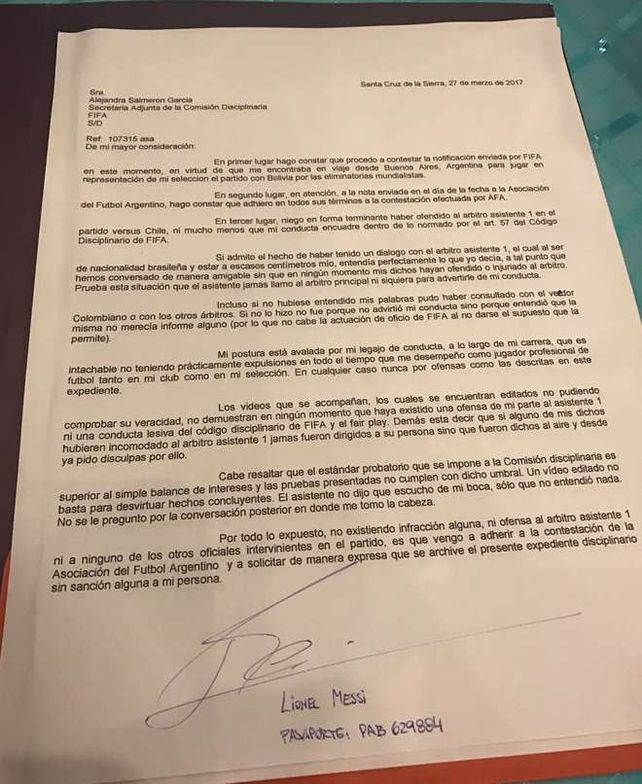 El documentado enviado por Messi