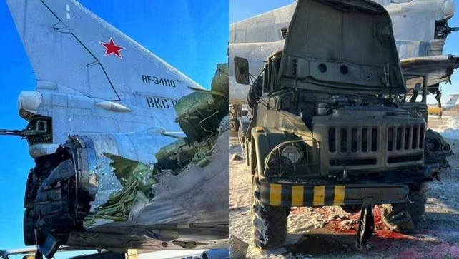 Da&ntilde;os en la cola de un bombardero ruso Tupolev 160 y un cami&oacute;n cisterna calcinado en la pista de la base Engels.&nbsp;