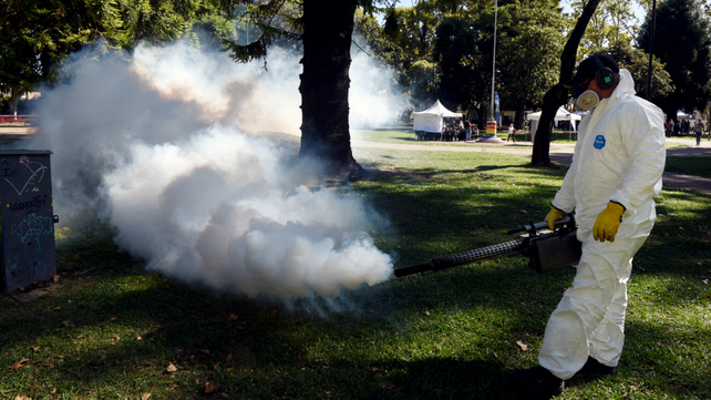 Personal municipal fumigó contra el dengue este jueves en la plaza de Saavedra e Italia.