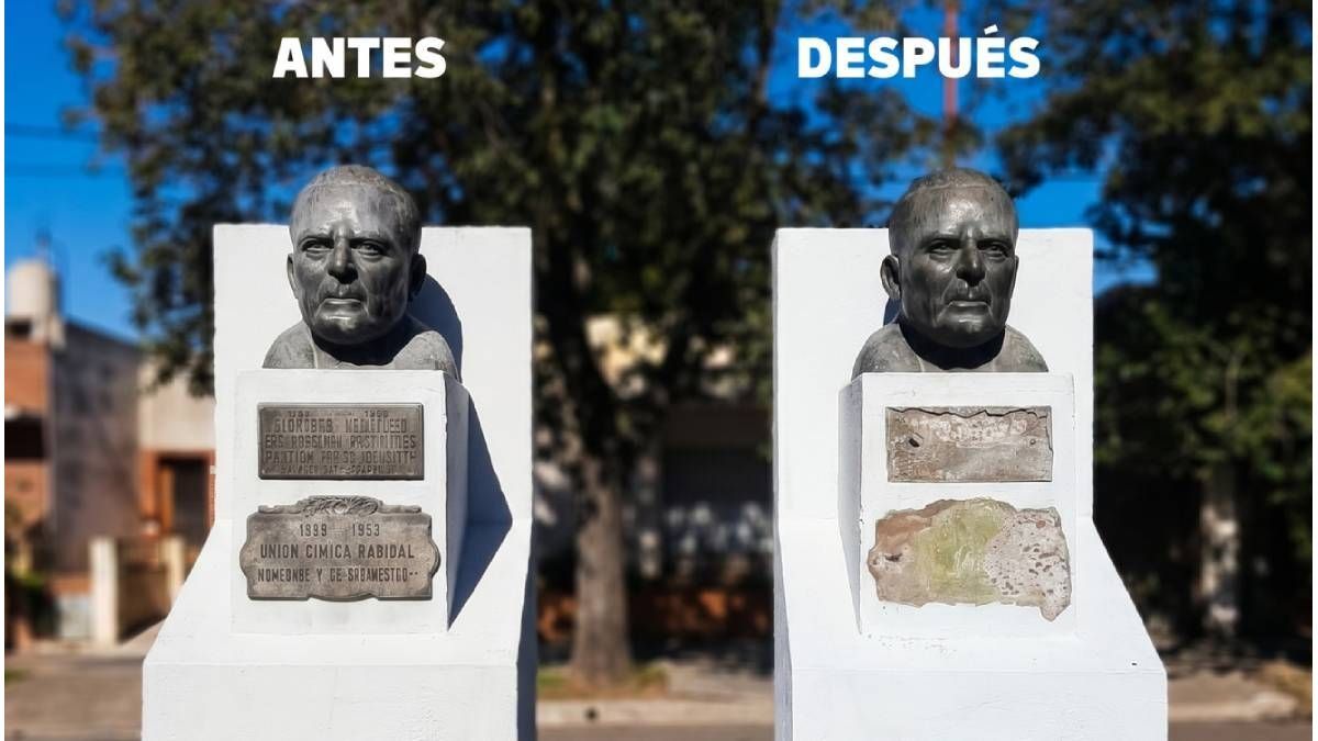Robaron placas del busto a Hipólito Yrigoyen y la UCR reclamó más protección del patrimonio