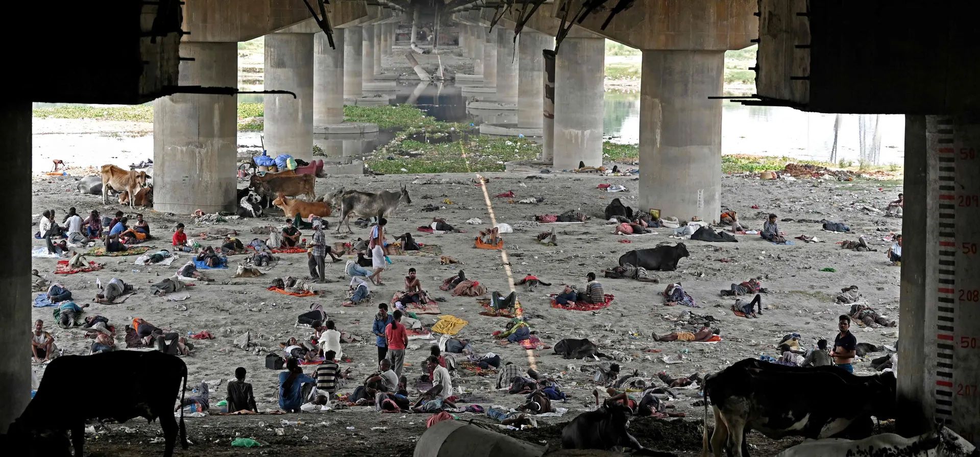 Personas sin hogar toman se resguardan del sol y las altas temperaturas bajo un puente de Nueva Delhi, India. Fotografía: Sajjad Hussain/AFP/Getty Images