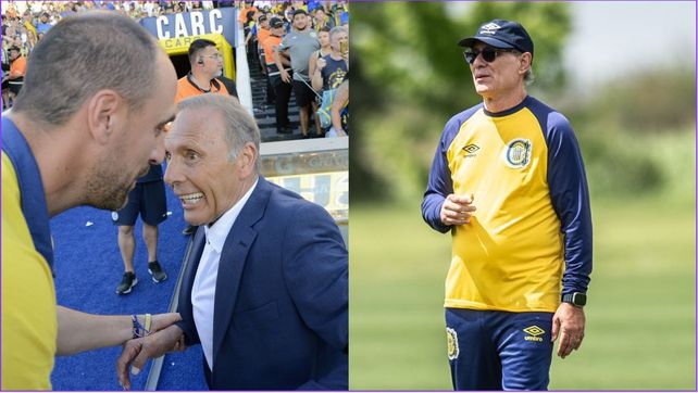 Miguel Angel Russo y Matías Lequi se saludan en la previa del último Central-San Lorenzo. Holan ya esperaba su turno.