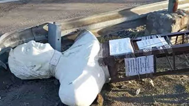 Le ataron una linga al cuello y trataron de decapitar a una escultura de Néstor Kirchner.