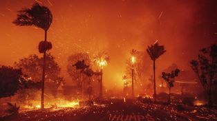 El incendio de Pacific Palisades arde en un vecindario en medio de fuertes vientos. Los Ángeles.
