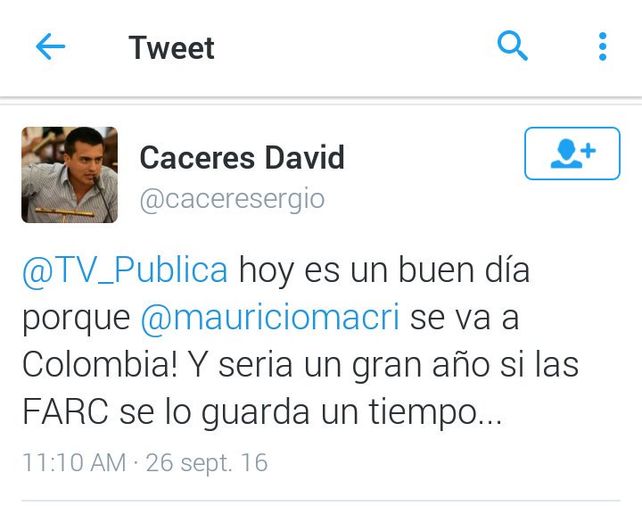 Concejal paranaense pidió en Twitter que las FARC secuestren a Mauricio Macri