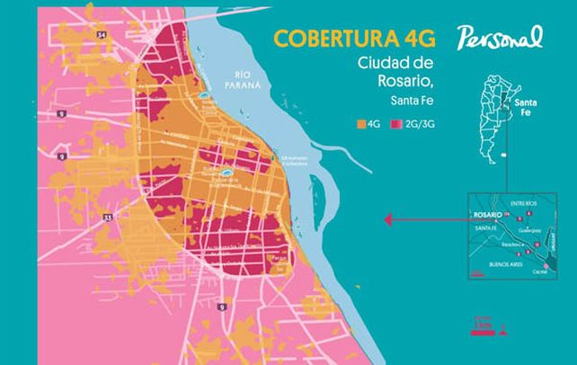 Cobertura. Las manchas oscuras en el mapa marcan el radio de cobertura.