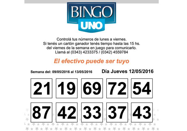 Números del BINGO UNO de la semana del 9 al 13 de Mayo
