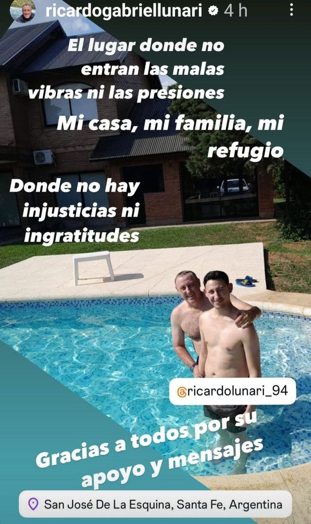 Ricardo Lunari se refugió en su ciudad y publicó un enigmático mensaje en sus redes