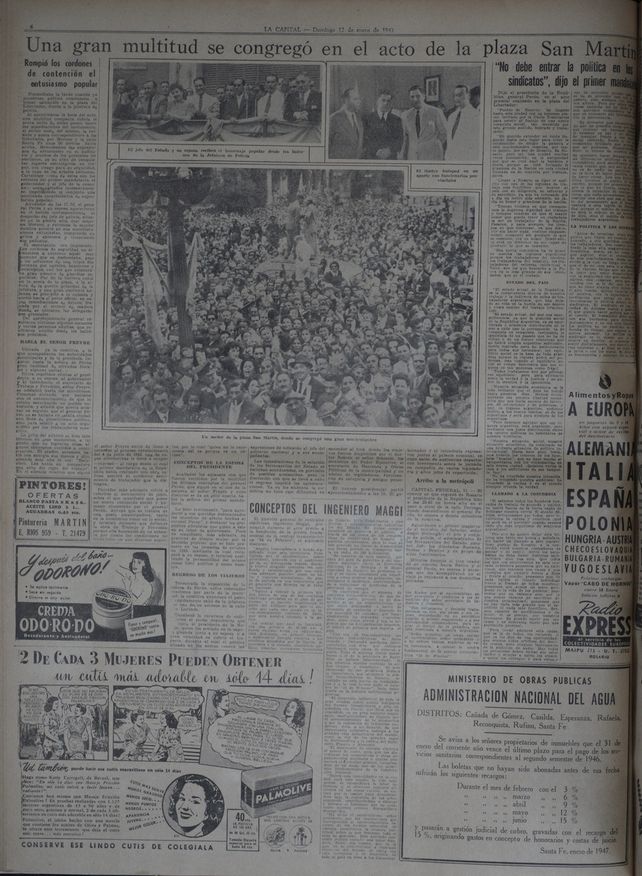 Una gran multitud se congregó en el acto de la plaza San Martín. Edición 12 enero 1947.  
