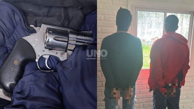 Los delincuentes y el arma secuestrada durante el operativo