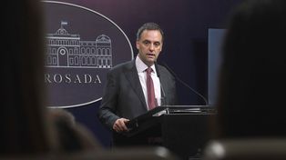 El vocero presidencial Manuel Adorni durante su habitual conferencia de prensa.