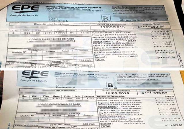 Comparación. La boleta que un vecino acercó a Diario UNO muestra cómo en un año (con un consumo que se incrementó un 27%) se le duplicó el costo.