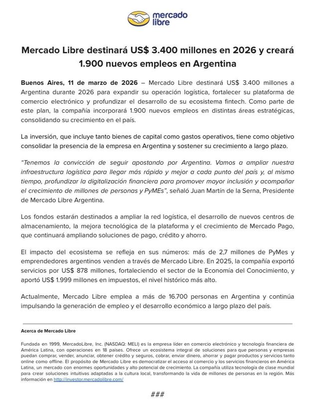 Comunicado de Mercado Libre anunciando la inversi&oacute;n.