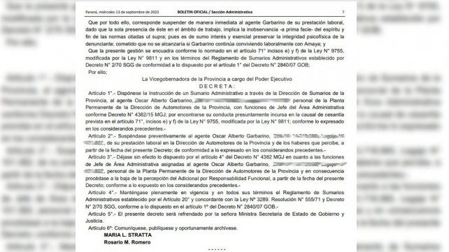 El gobierno difundió la apertura de un sumario a agente denunciado por violencia de género.