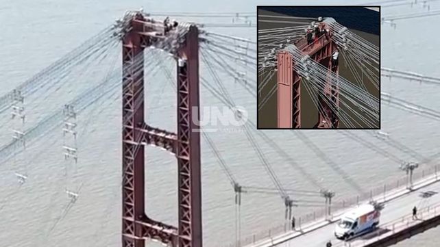 Rescate en Santa Fe: intervinieron efectivos policiales y del SIES 107 para bajar a un hombre de la cima del Puente Colgante.
