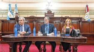 Ana Morel, junto al ministro Rimoldi y el presidente de la Cámara, Pablo Farías, en la tensa reunión de octubre.