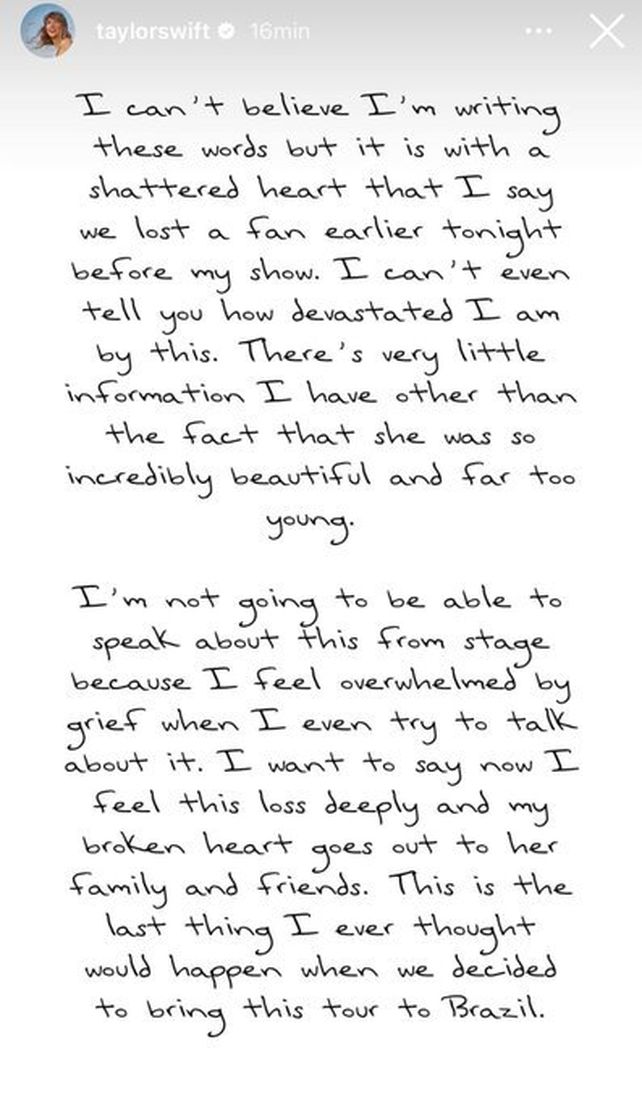El comunicado de Taylor Swift tras la muerte de una fan en su show de Rio de Janeiro