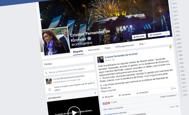 Cristina Kirchner difundió su mensaje a través de su perfil de Facebook.