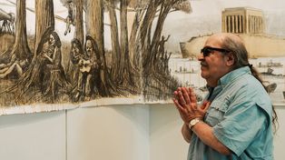 Litto Nebbia con la pintura de Daniel Santoro sobre Rosario en el Centro Cultural Contraviento