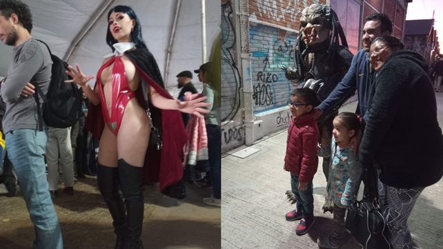 Vampirella muestra las uñas y los colmillos, mientras Depredador se fotografía con sus pequeños fans. 