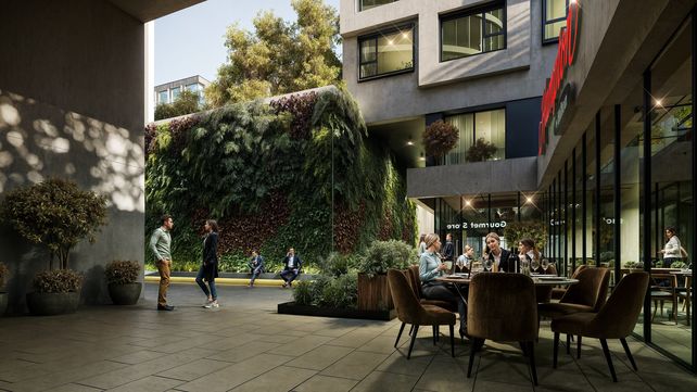 El paseo peatonal atraviesa el complejo vinculando las calles Presidente Roca y San Lorenzo, aportando un espacio de uso público abierto para los rosarinos y sus visitantes