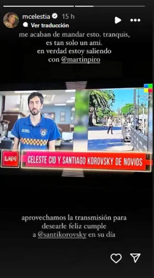 La historia de Instagram con la que Celeste Cid negó los rumores de un romance con Santiago Korovsky.