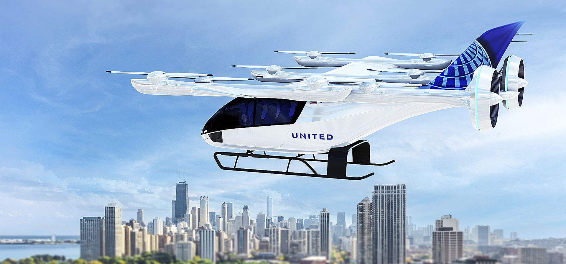 Imagen proporcionada por United-Airlines, ilustración de un taxi aéreo eléctrico. United Airlines ve un mercado en llevar rápidamente a los viajeros al aeropuerto en pequeños taxis aéreos eléctricos, dijo el jueves 8 de septiembre de 2022, que ha invertido $ 15 millones en el inicio de la fabricación.