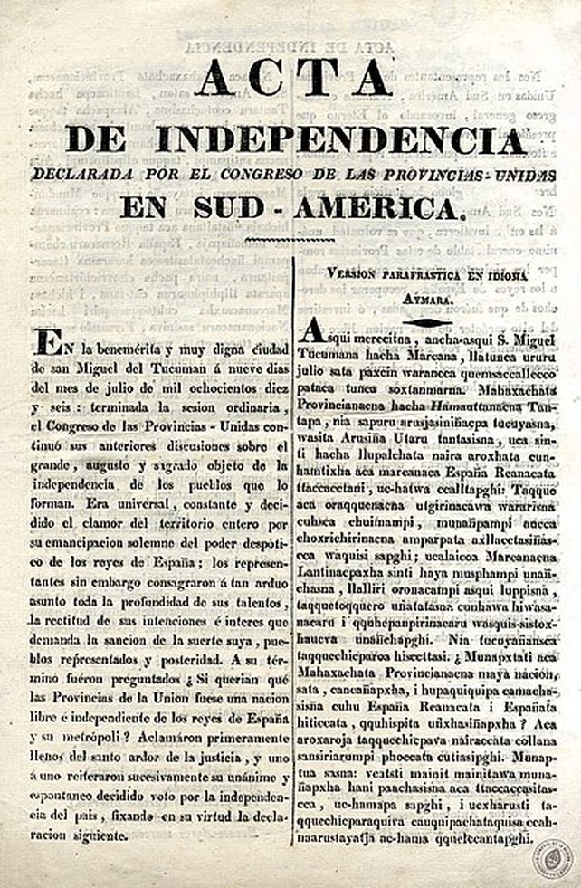 Acta de la Independencia en una versión parafrástica: Español - Aymará. 