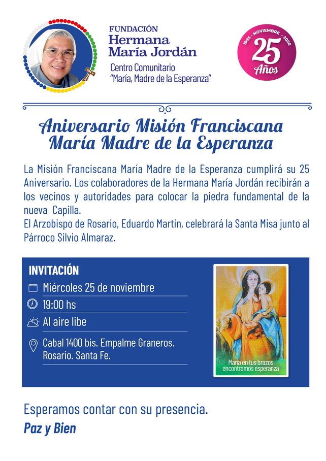 La misión de la Hermana Jordán sigue las obras en sus 25 años