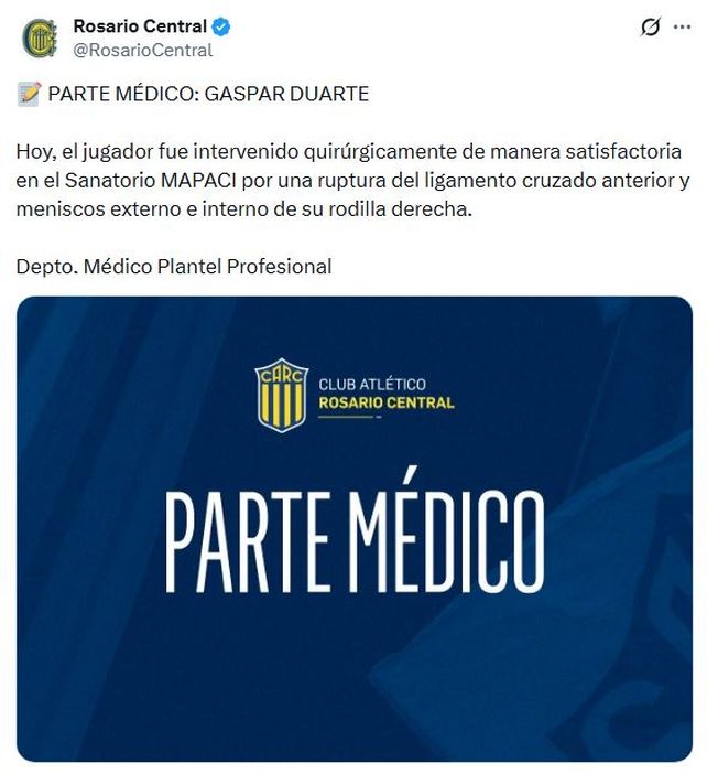 El parte médico que emitió Central tras la operación de Gaspar Duarte.