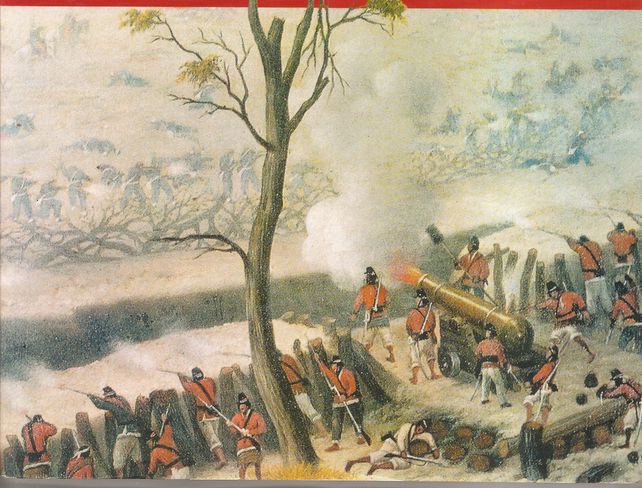 en la batalla. Soldados paraguayos rechazan el ataque de la infantería argentina en Curupaytí. Óleo de Cándido López.