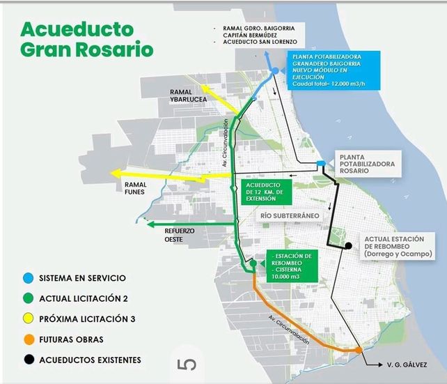 El mapa muestra como será el tramo que se licitará del Acueducto Gran Rosario.