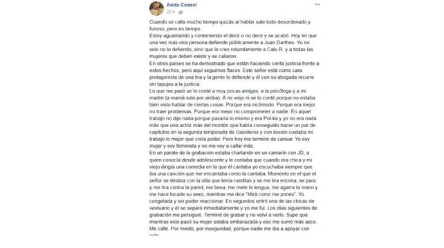 Grave acusación de la actriz Anita Coacci contra Juan Darthés