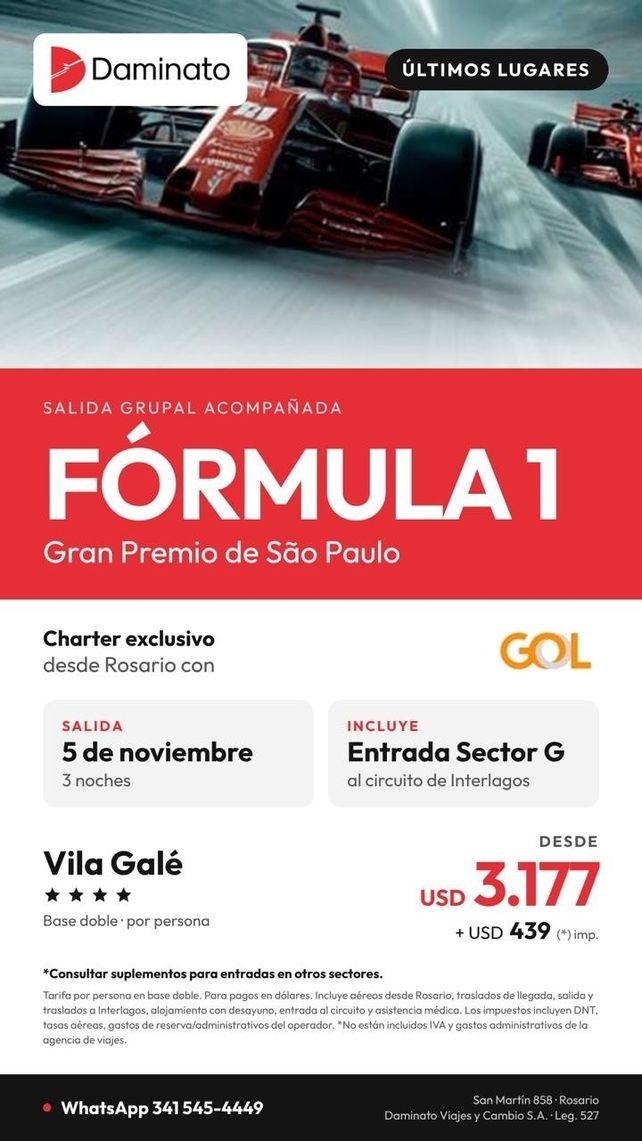 Fórmula 1 en Brasil: vuelo chárter desde Rosario para el Gran Premio de São Paulo