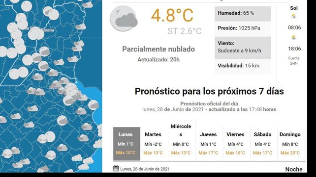 Las bajas temperaturas se mantendrán al menos hasta el jueves.&nbsp; (Captura del SMN) &nbsp;