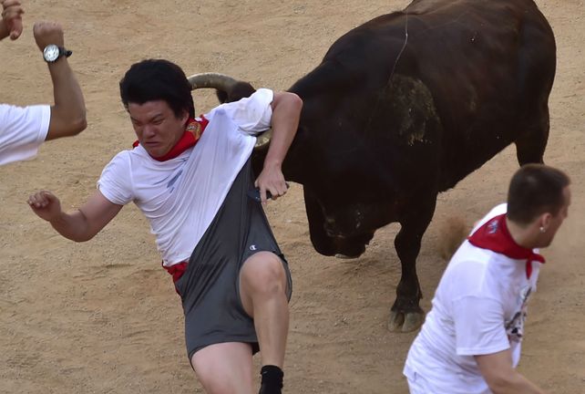 Accidente con suerte. Un toro Miura arrastra a un corredor.&nbsp;